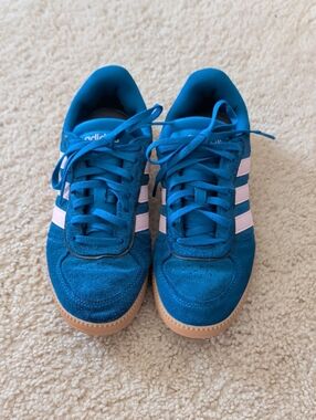 adidas Kids Blue Suede Sneakers with Pink Stripes